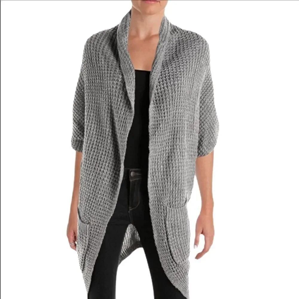 Gray Open Front Pockets Mid Length Sweater Cardigan NEW